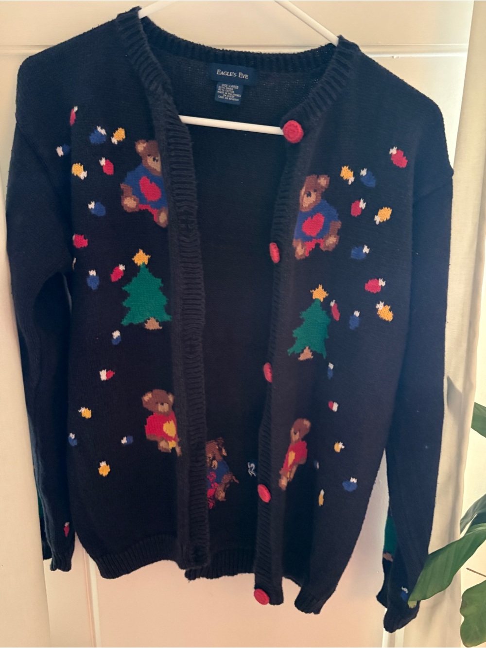 Vintage Eagle's Eye Black Christmas Teddy Bear & Tree Cardigan Sweater Size L
